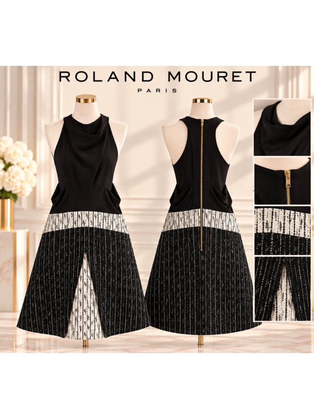 Roland Mouret Black White Tweed Sleeveless Fit Flare Dress Gold Zip US 12